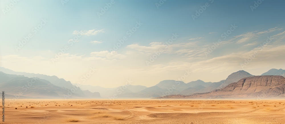 Poster a scenic bare mountain range and sandy valley desert in the middle east or africa make a captivating
