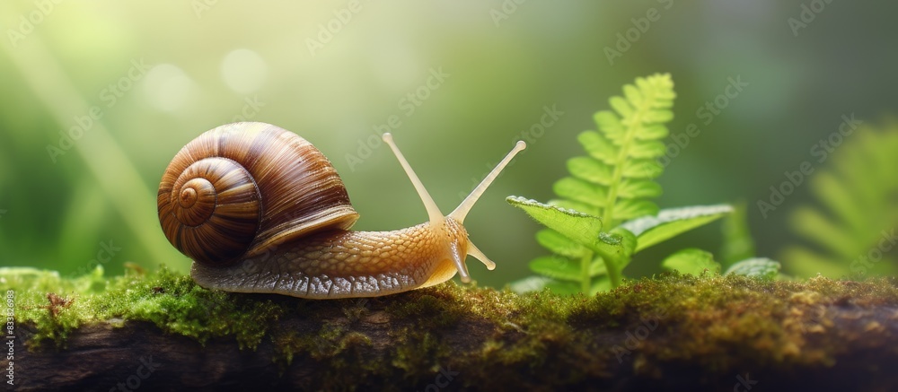 Poster close-up image of a snail in its natural habitat with copy space.