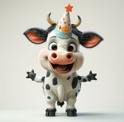 A cartoon cow wearing a birthday hat and smiling. The cow is standing and appears to be happy.