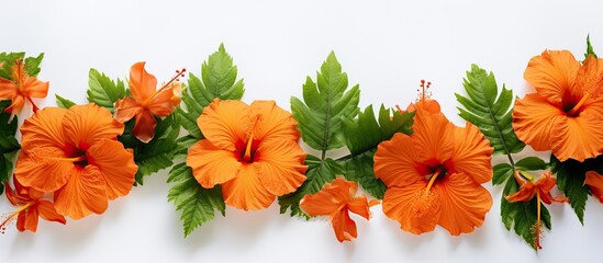 Obraz premium Vibrant orange hibiscus flowers and lush green leaves against a white background, providing ample copy space image.