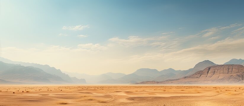 A scenic bare mountain range and sandy valley desert in the Middle East or Africa make a captivating landscape for photography with ample copy space image in a horizontal frame.