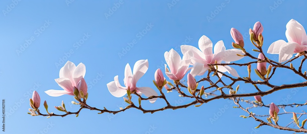 Poster a magnolia blossom on twigs against a blue sky with room for text. with copy space image. place for 