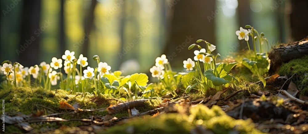 Poster spring primroses in a forest clearing, some in focus, some out, with copy space image.