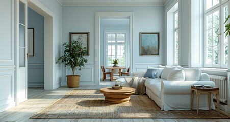 The living room is painted white and features a large couch, a table, and a potted plant. The room is bright and spacious, with a window providing natural light.