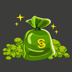 Vector cartoon green money bag with coins. Money flat green icon. Vector icon for business. Money and payment icons. 