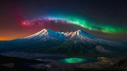 Spectacular View of Snow Covered Mountain Peaks Under a Vivid Green Aurora Borealis. Starry Night Sky With a Turquoise Lake. Generative AI