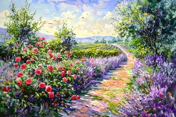 Obraz premium Natural colorful panoramic oil painted landscape. Seasonal june summertime scene whit lavender, roses, path in hills. Print greeting card, illustrations calendar, poster background, art wallpaper