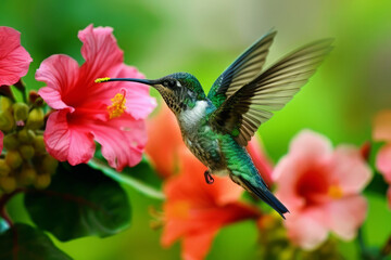 Hummingbird Hovering Near Vibrant Flowers in Tropical Jungle. Colibri bird against blurred natural background. Concept of harmony between wildlife and nature