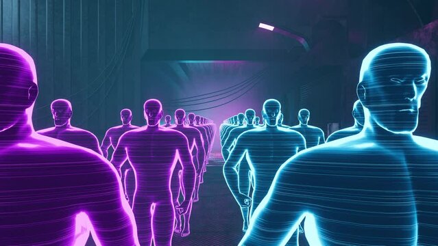 Holograms of People moving through a narrow Corridor. Front view. Cyberpunk street with smoke and neon lights. Robotics science fiction. Futuristic people. Animation 3d. Repeat seamless loop.
