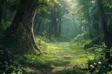 ancient forest with mossy trees and vines