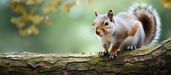 Squirrel with grey fur perched on a tree trunk with copy space image.