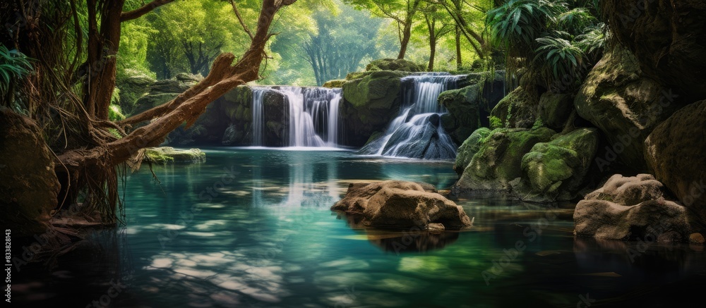 Poster nature scene with a picturesque waterfall cascading into a serene rock pool, set in a lush forest wi