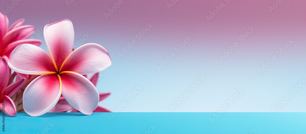 Poster Frangipani flower on top of a vibrant background with space for adding images. with copy space image. Place for adding text or design