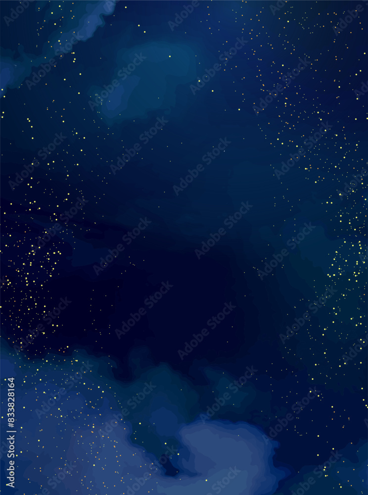 Wall mural magic night dark blue frame with sparkling glitter bokeh and light art. square vector wedding card. 