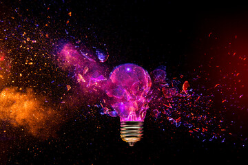 Exploding light bulb concept on dark background