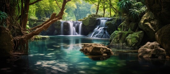 Nature scene with a picturesque waterfall cascading into a serene rock pool, set in a lush forest with vivid greenery and a tranquil ambiance, ideal for a copy space image. - Powered by Adobe