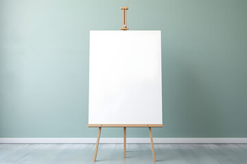 An easel with a blank white canvas stands in an empty minimalist room with sage green wall. Background for mockups.