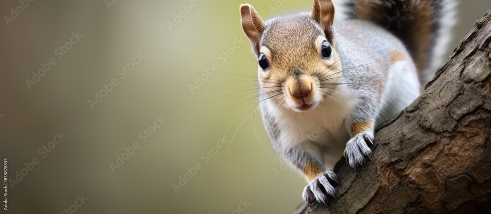 Aufkleber squirrel with grey fur perched on a tree trunk with copy space image.