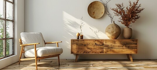 A wooden dresser with a chair and a plant on top of it. The dresser is in front of a wall and has a vase on it. The chair is white and is placed next to the dresser.
