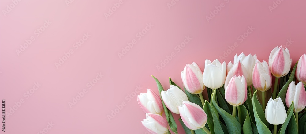 Aufkleber a stunning arrangement of pink tulips with a backdrop of white roses and a copy space image for text