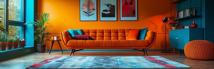 The wall is painted orange and has three pictures on it. A couch is placed in front of the wall, with pillows on it. The couch is orange and has a modern design.