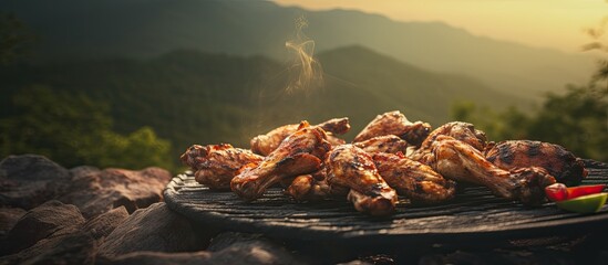Grilling BBQ chicken wings in a natural setting with copy space image.