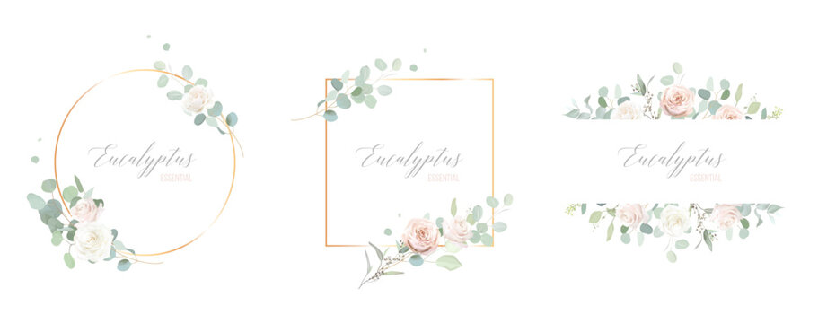 Floral eucalyptus and gold vector frames. Hand painted branches, leaves on white backgrounds. Greenery wedding simple minimalist invitations. Watercolor cards. All elements are isolated and editable