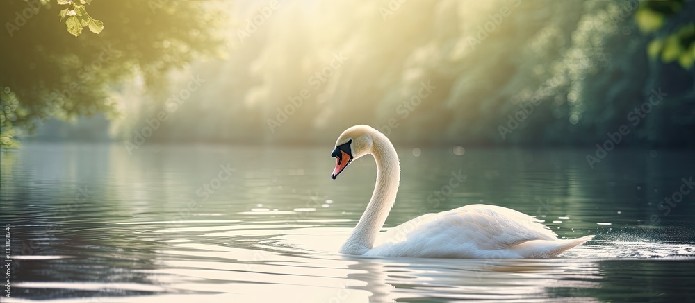 Poster elegant white swan indulging in a bath near tranquil lake with copy space image.