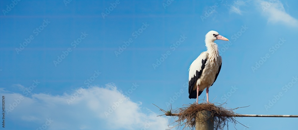 Aufkleber A white stork perched in its nest on a utility pole with a clear sky in the background, creating a picturesque copy space image.
