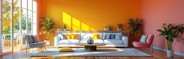 The living room is painted a vibrant yellow and features a white couch with yellow pillows.