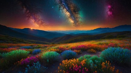 Vibrant Milky Way Galaxy Illuminating a Colorful Field Of Blooming Wildflowers At Sunset. Generative AI