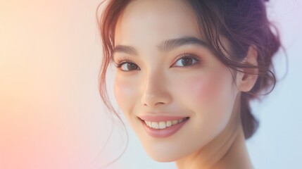 Naklejka premium Close-up portrait of a woman with soft makeup and a warm smile