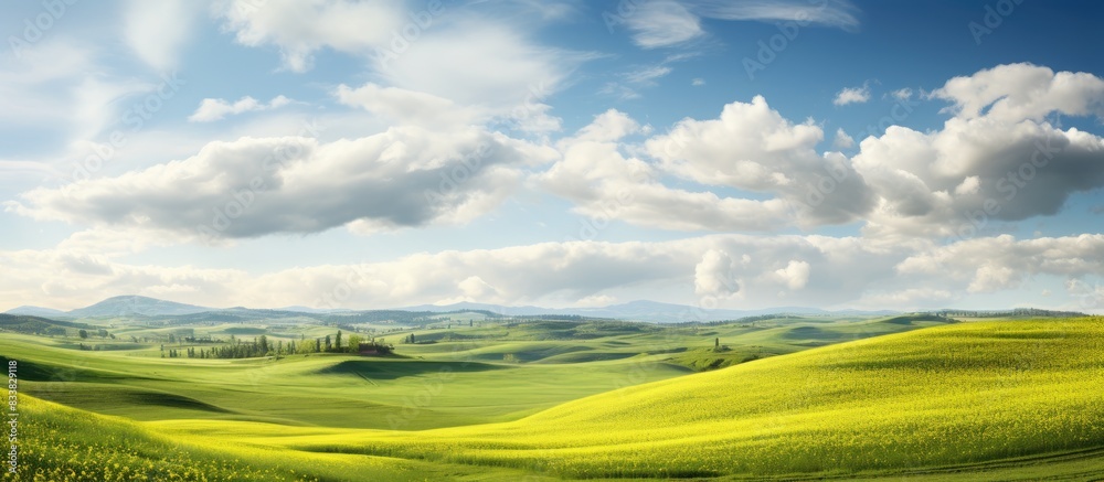 Poster scenic spring hills with grain and oilseed fields framed by cloudy skies, perfect for copy space ima