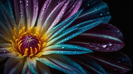 Close-Up of a Vibrant Multi-Colored Flower with Dew Drops on Petals. Colorful in Blue, Yellow and Purple. Generative AI