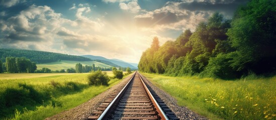 Picturesque railway in countryside during summer with copy space image.
