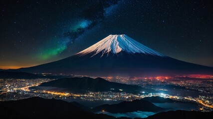 Stunning View of a Snow Capped Mountain Fuji with Stars and Lights Illuminating the Night Sky. Generative AI