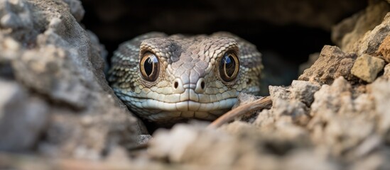 Obraz premium A swift reptile peeking out from its hiding spot with a copy space image.