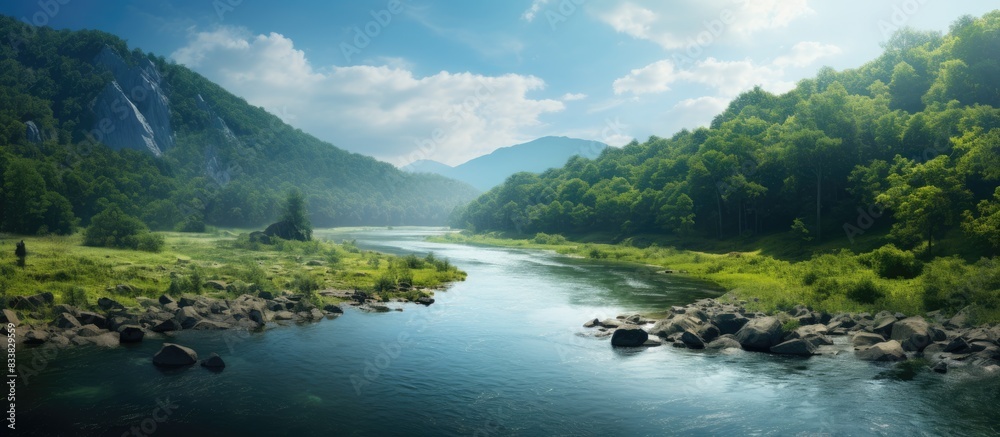 Poster Scenic nature landscape with a river in the background, perfect for a copy space image.