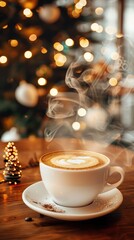 Obraz premium steam gently rising from a cappuccino cup on a festive morning, capturing the serene holiday mood with a background of blurred twinkling Christmas lights