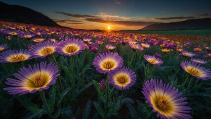 Field of Vibrant Purple and Yellow Flowers at Sunset with Mountains in Background. Generative AI