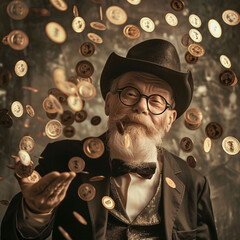 Old happy rich man throwing coins. 