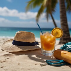 Summer cocktail and straw hat, vacation concept, summer mood.