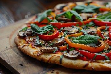 A colorful vegetable pizza topped with mushrooms, bell peppers, and spinach on a wooden board, ready to be served, with a focus on the fresh toppings