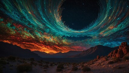 Stunning Cosmic Sky with Colorful Swirling Clouds over Mountainous Desert Landscape. Generative AI