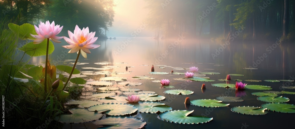 Poster Water lilies grace the serene forest and lake setting, creating a tranquil scene suitable for a copy space image.