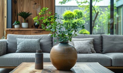 A vase of greenery sits on a table, adding a touch of nature to the room. 
