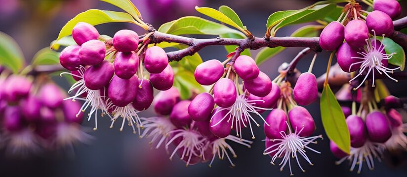 Syzygium cumini, commonly known as jamun fruit tree, showcasing its blooming java plum flowers with a vibrant display in a copy space image.