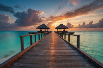 Panoramic view of the resort, turquoise water, beautiful sky, platform to the hotel.