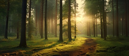 Beautiful forest landscape at sunset with natural green trees, providing a serene and picturesque setting. Includes copy space image.