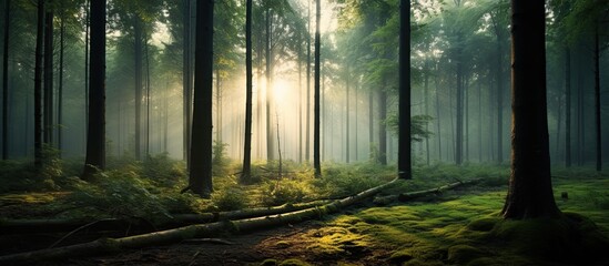 Obraz premium A serene morning atmosphere in the forest depicted in the copy space image.